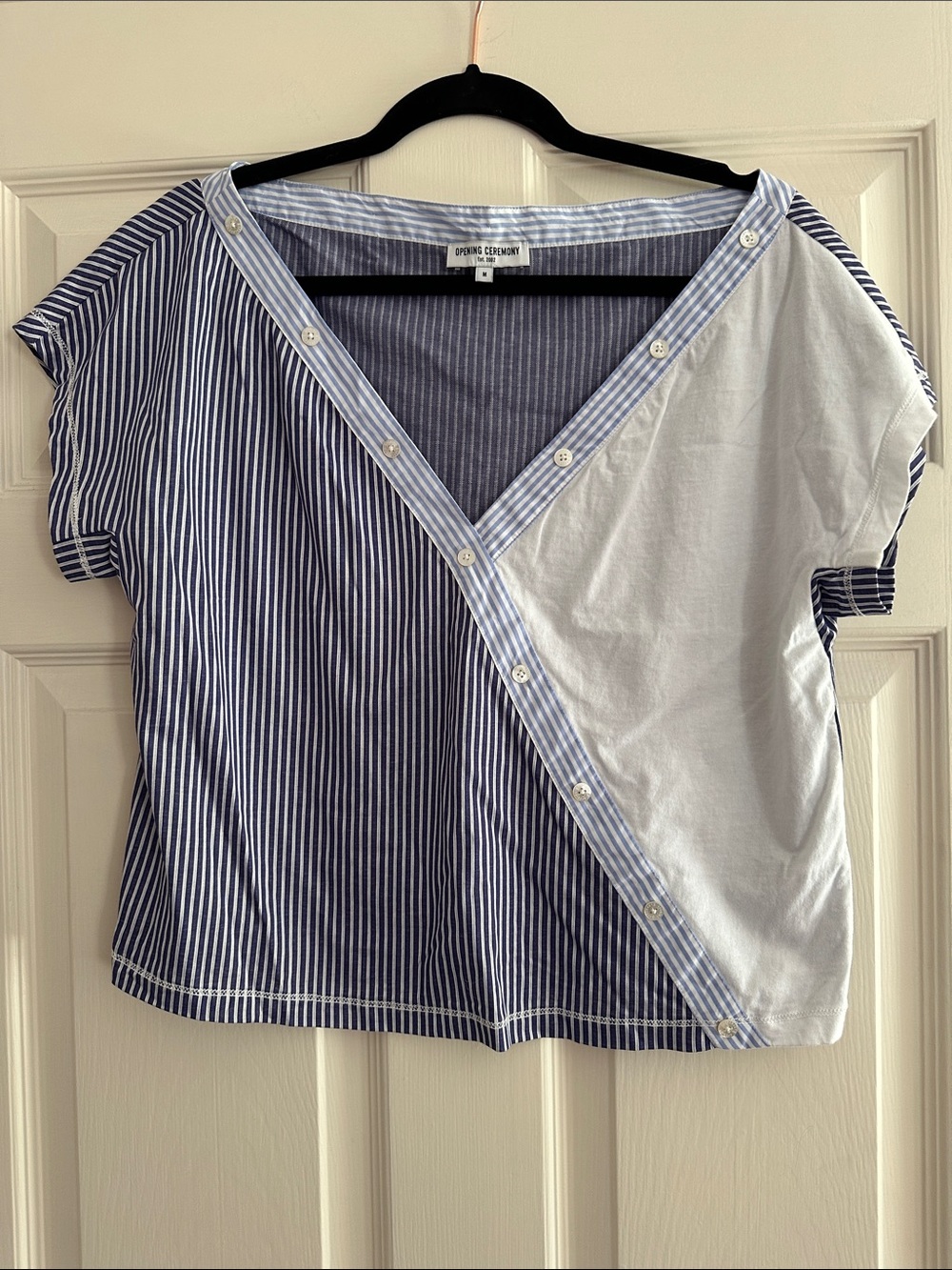 Opening Ceremony Blue & White Asymmetrical Striped Button-Front Top